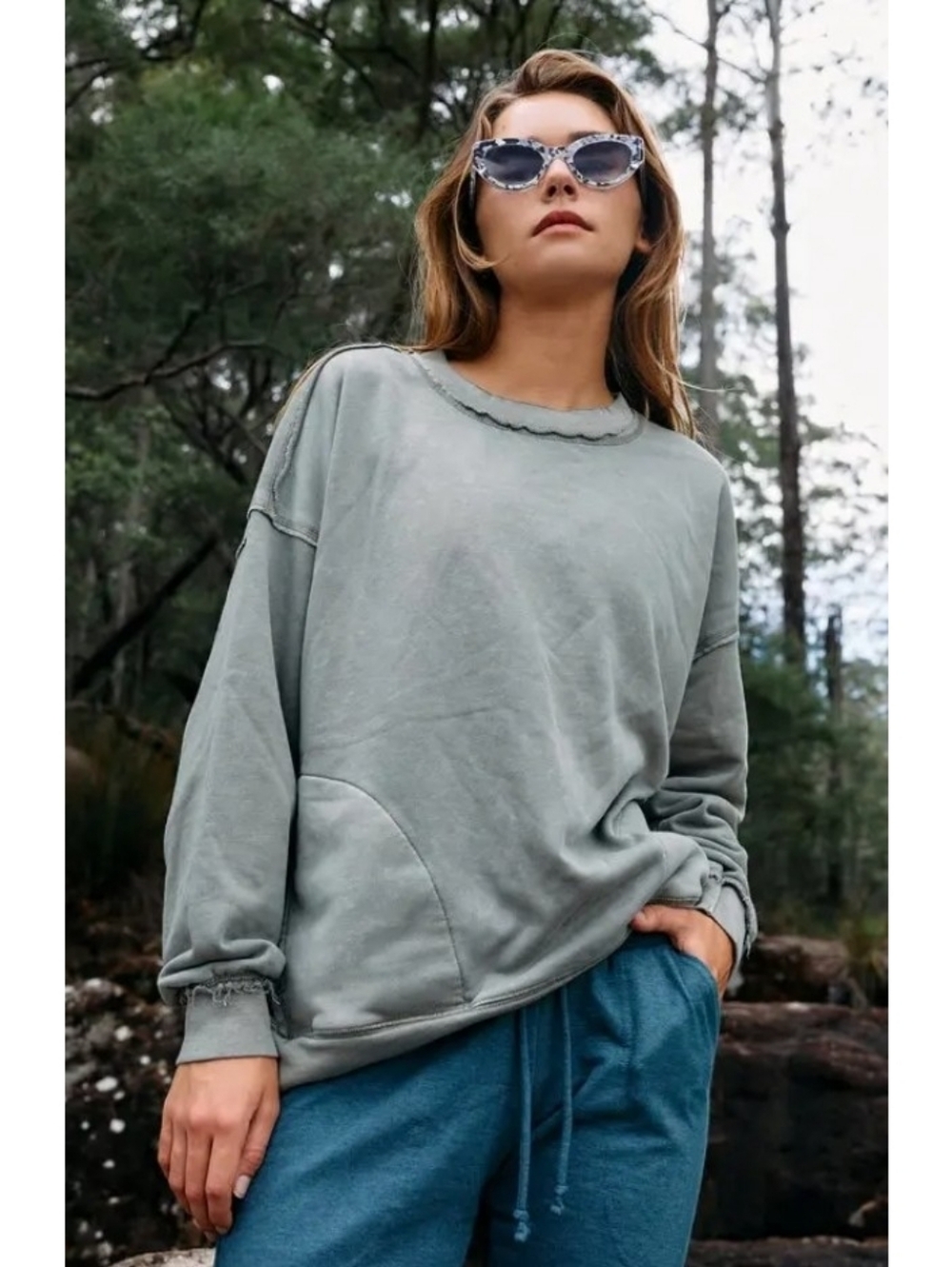 Free People Movement oversized mineral wash olive gray color sweatshirt